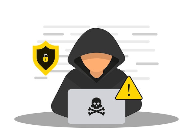 Hacker-Cyberkrimineller mit Laptop Hacker in schwarzer Kapuze mit Laptop, der versucht, Cyberangriffe durchzuführen Hacker und Cyberkriminelle Phishing, die private persönliche Daten stehlen Online-Betrug und Diebstahl