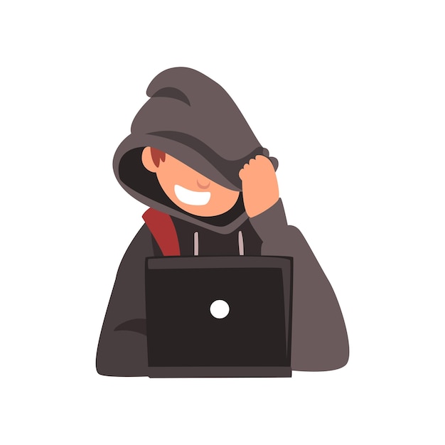 Hacker, der sein Gesicht unter der Kapuze verbirgt, versucht, einen Cyberangriff mit einem Laptop durchzuführen Internetkriminalität Computersicherheitstechnologie Cartoon Vector Illustration auf weißem Hintergrund