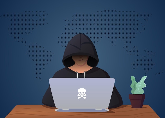 Hacker Hacking auf Laptop Mann in Verkleidung Illustration