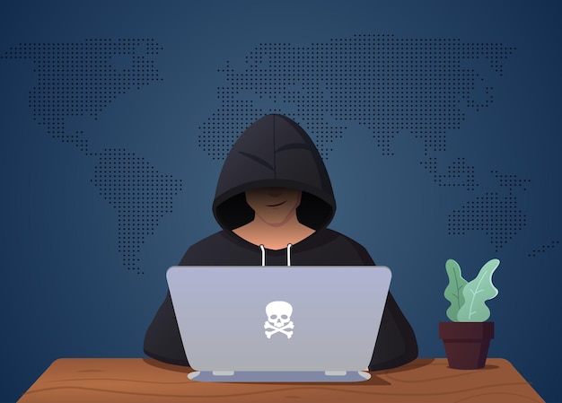 Vektor hacker hacking auf laptop mann in verkleidung illustration