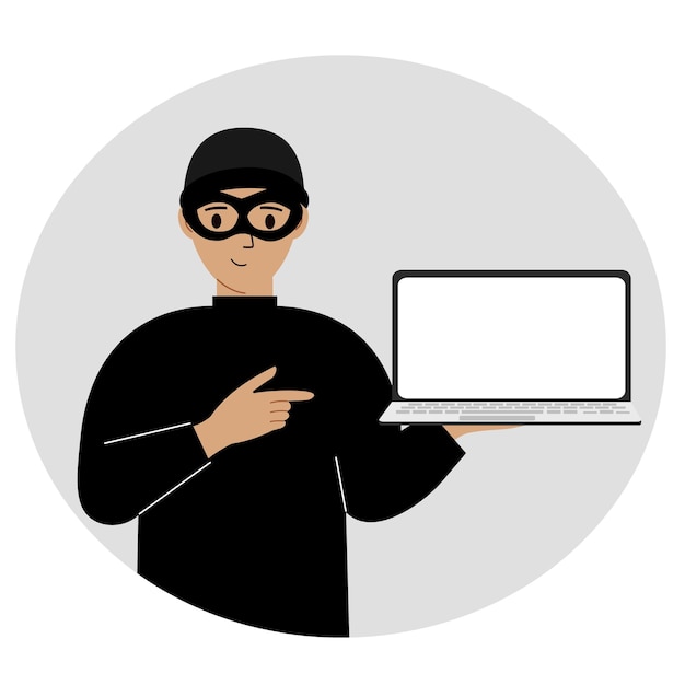 Hacker in einer schwarzen Maske mit einem Computer Der Cyberkriminelle hält einen Laptop Cyber Attack Mobile Phishing Scam