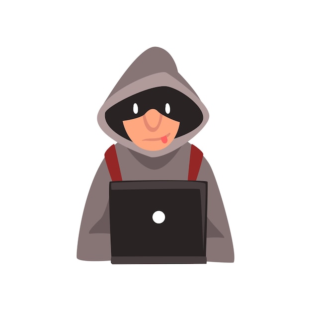 Hacker in Kapuzen und schwarzer Maske Diebstahl von Informationen aus Laptop Internet-Verbrechen Computer-Sicherheitstechnologie Cartoon-Vektor-Illustration auf weißem Hintergrund