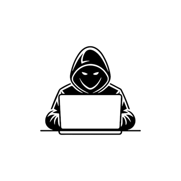 Hacker-Logo-Vektor mit Kapuzenfigur und Laptop für Cybersicherheit oder Tech-Branding