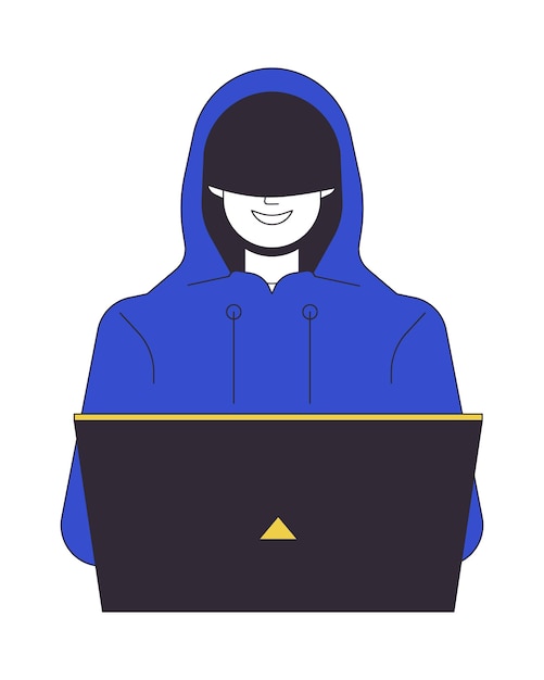 Hacker mit Kapuze lächelnde flache Linie Farbe Vektorzeichen Codierung auf Laptop Cyberspace Bearbeitbarer Umriss Vollkörper Person auf weiß Einfache Cartoon-Spot-Illustration für Web-Grafik-Design