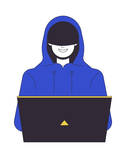 Hacker mit kapuze lächelnde flache linie farbe vektorzeichen codierung auf laptop cyberspace bearbeitbarer umriss vollkörper person auf weiß einfache cartoon-spot-illustration für web-grafik-design