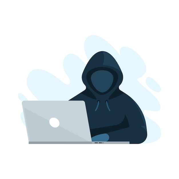 Hacker mit laptop auf weißem hintergrund, vektorillustration