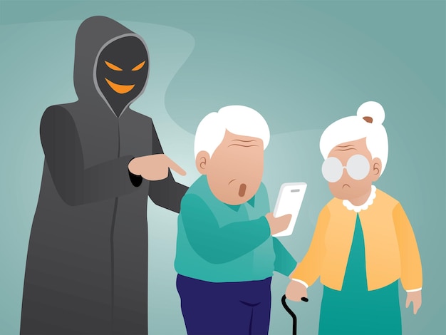 Vektor hacker täuscht ältere menschen, etwas auf ihrem telefon zu tun illustrationsvektor für cyberkriminalität