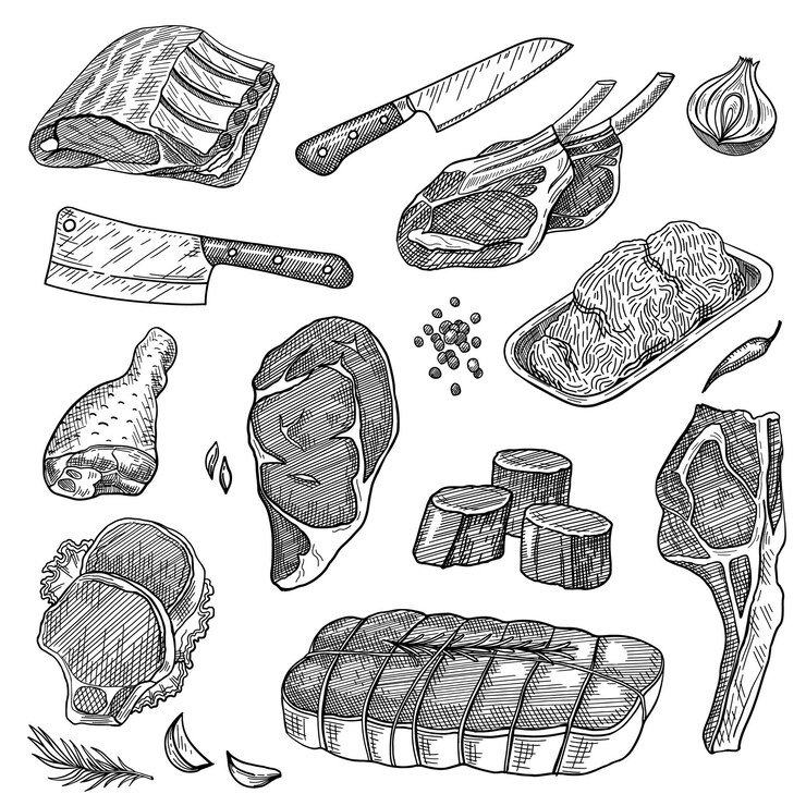 Vektor hackfleisch, rindersteak, schweinerippchen, lendenstück, putenschenkel, messerset