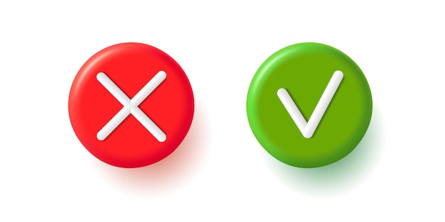 Häkchen und kreuz 3d-symbole genehmigen und lehnen zeichen in roten und grünen farben ab
