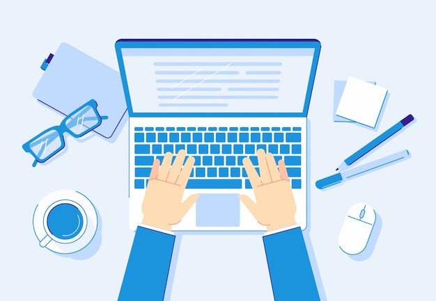 Hände auf Laptop. Computerarbeit, Geschäftsarbeiter, der auf Notebook-Tastatur und Büroarbeitsplatzillustration tippt