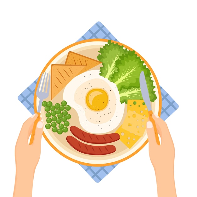 Hände, die Gabel und Messer halten Platte mit Spiegeleier, Erbsen, Würstchen, Gemüse, Käse und Brot, Vektorgrafik