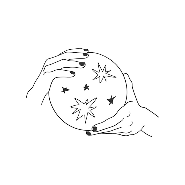 Hände, die magischen ball mit sternen halten, lineare, minimalistische, einfache vektorzeichnung