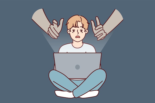 Hände, die sich an Teenager mit Laptop mit Internet ohne elterliche Kontrolle wenden Vektorbild