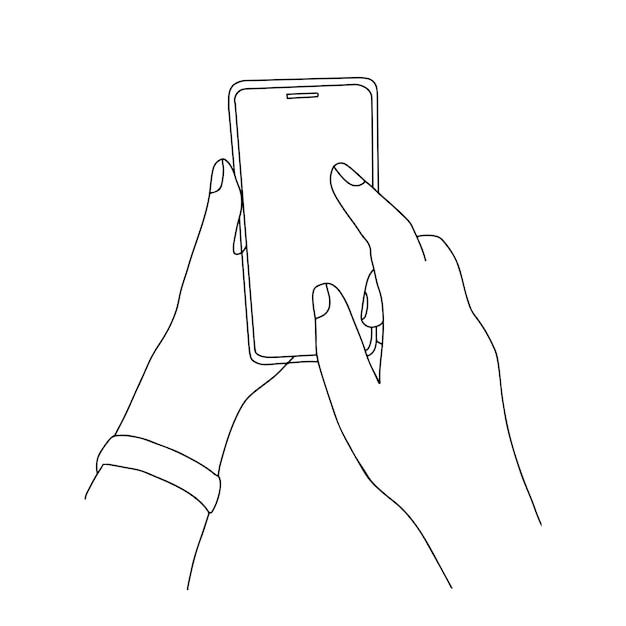 Hände, die smartphone und finger halten, berühren den bildschirm, einfache minimalistische skizze, handgezeichnete umrisse