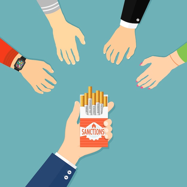Hände greifen mit Sanktionen nach Zigarettenpackung