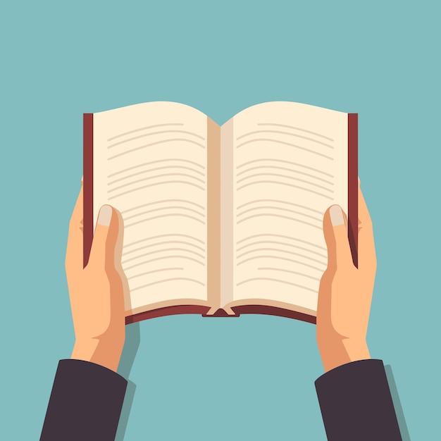 Hände halten ein offenes Buch zum Lesen Handbuchlesen Vektor-Illustration