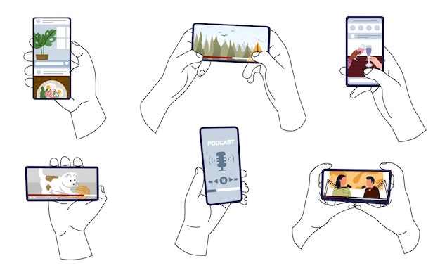 Vektor hände halten ein smartphone hand halten ein smartphone mit filmen nachrichten medien soziale netzwerke geschichte