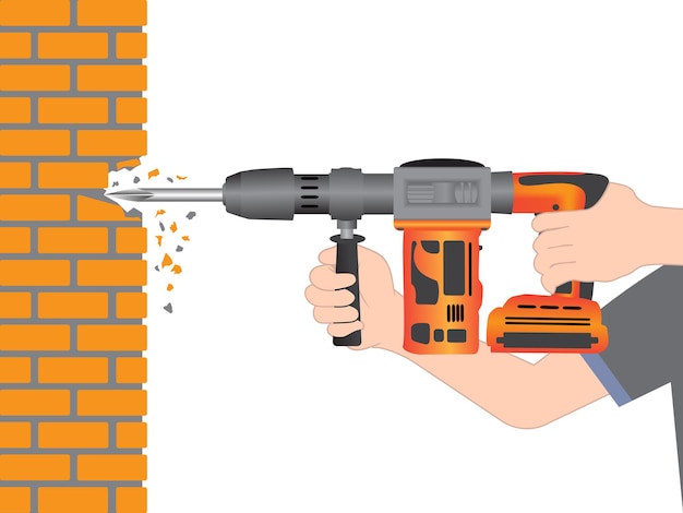 Hände halten elektrische Betonbohrmaschine Vektor-Illustration auf weißem Hintergrund