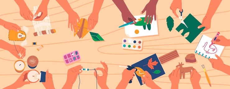 Vektor hände malen schneiden farbiges papier falten origami machen applikationen draufsicht über holztischplatte diy kreativität