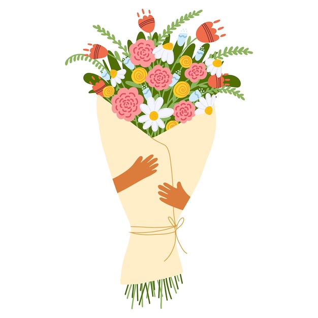 Hände mit Blumenstrauß im Cartoon-Stil Frauentag 8. März Muttertag Valentinstag