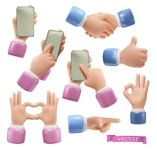 Vektor hände mit einem handy-handshake-herzzeichen okay daumen hoch zeigergesten 3d-cartoon-vektor-icon-set