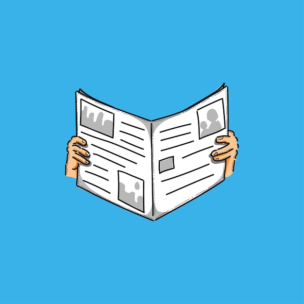 Hände mit einer Zeitung, die gegen einen festen blauen Hintergrund dargestellt ist