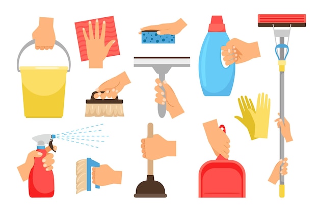 Hände mit Haushaltsgeräten. Handset für Hausangestellte reinigen und abstauben, Haushaltsmanipulationen mit Sprühwaschmitteln und Reinigungswerkzeugen