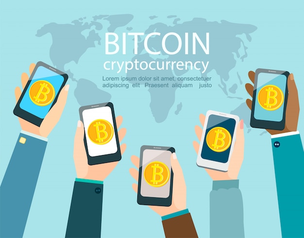 Hände mit smartphones mit bitcoin-symbol.