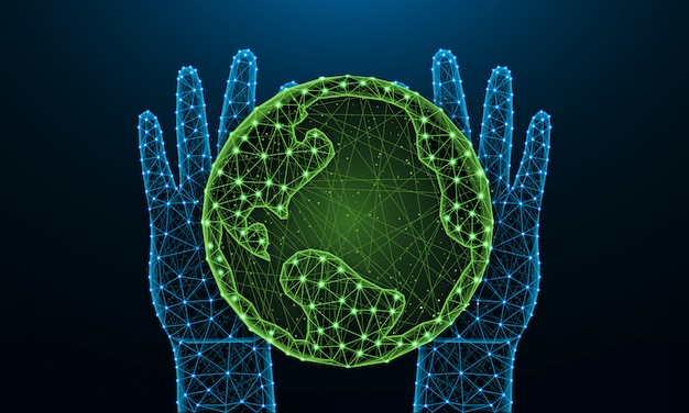 Hände und Erde niedrig poly, rette den Planeten im polygonalen Stil