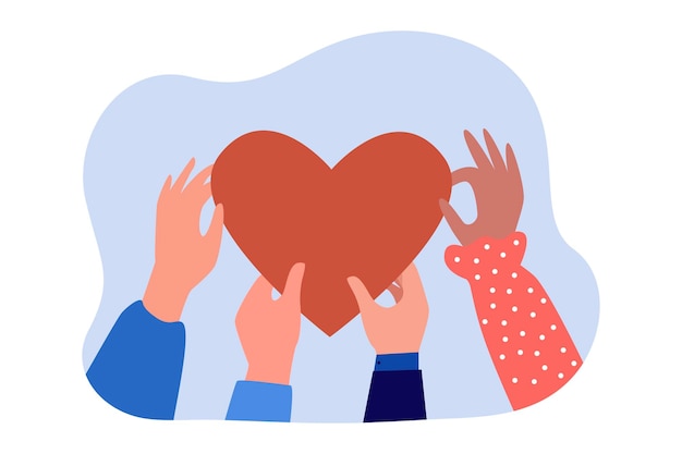 Hände von Menschen, die ein großes Schokoladenherz halten. Personen mit flacher Vektorillustration des braunen komischen Herzens. Valentinstag, Liebe, Romantikkonzept für Banner, Website-Design oder Landing-Webseite