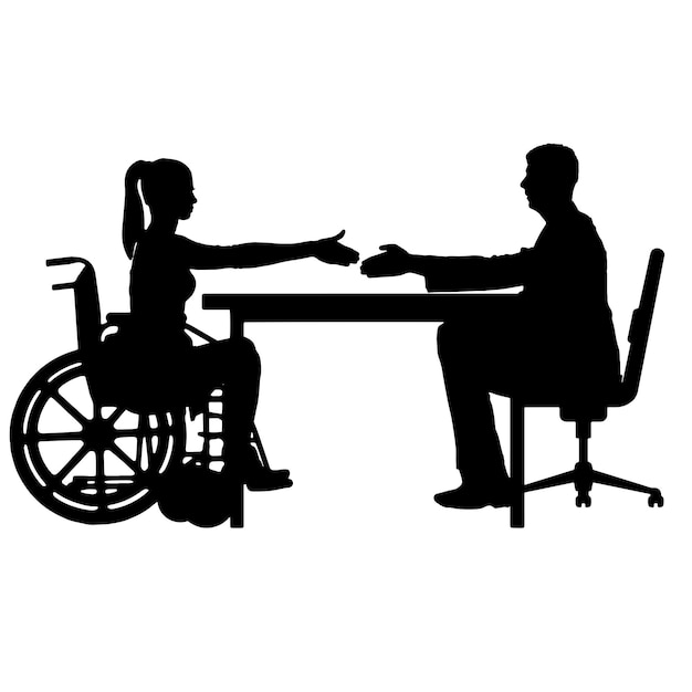 Händedruck einer behinderten Frau im Rollstuhl und einer Mann-Vektor-Silhouette