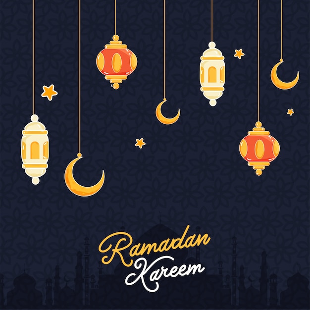 Hängende bunte laternen und halbmond, moschee silhouette hintergrund für ramadan kareem konzept.