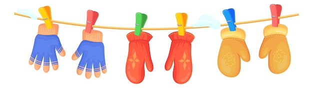 Hängende Fäustlinge Warme Handschuhe der Karikatur Wintersymbol lokalisiert auf weißem Hintergrund