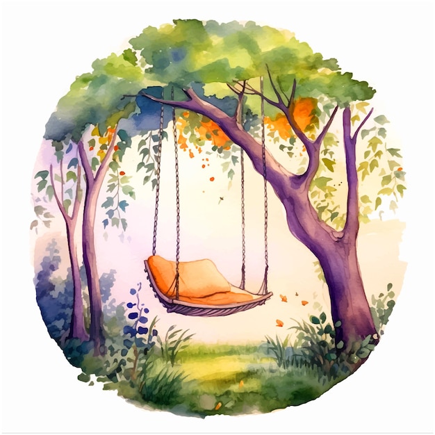 Hängender schaukelstuhl mit aquarellfarbe illustration