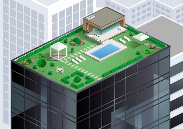 Vektor häuschen auf dem dach des wolkenkratzers