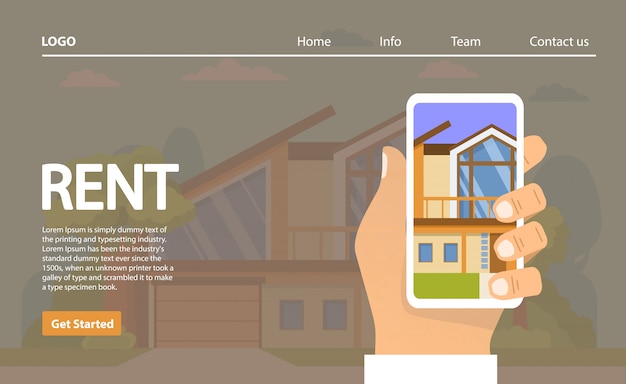 Vektor häuser zu vermieten. die hand hält smartphone die wahl des hauses in der anwendung. immobilienkonzept. ländliches gebäude.