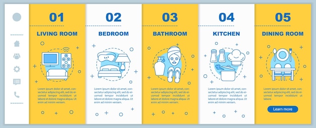 Häusliches leben beim onboarding mobiler webseiten vektorvorlage responsive smartphone-website-schnittstelle mit linearen illustrationen haus- oder wohnungszimmer webseiten-walkthrough-schrittbildschirme farbkonzept