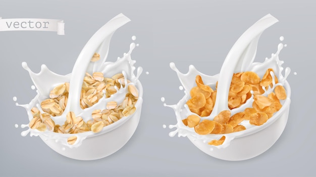 Vektor haferflocken und milchspritzer. cornflakes. 3d realistischer vektor-icon-set