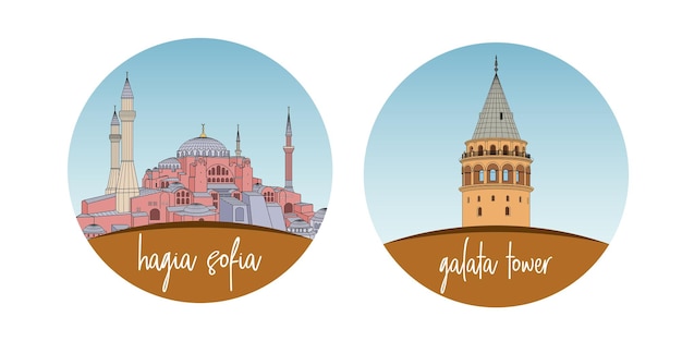 Hagia sofia und galata tower wahrzeichen der türkei vector illustration