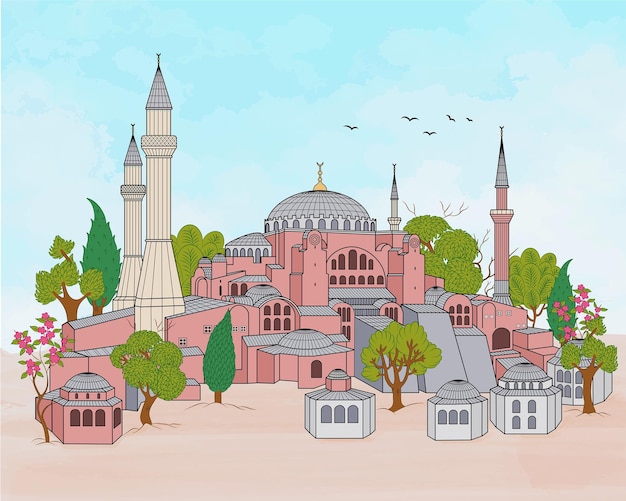 Vektor hagia sophia kuppeln und minarette in der altstadt von istanbul wahrzeichen der türkei vektorillustration