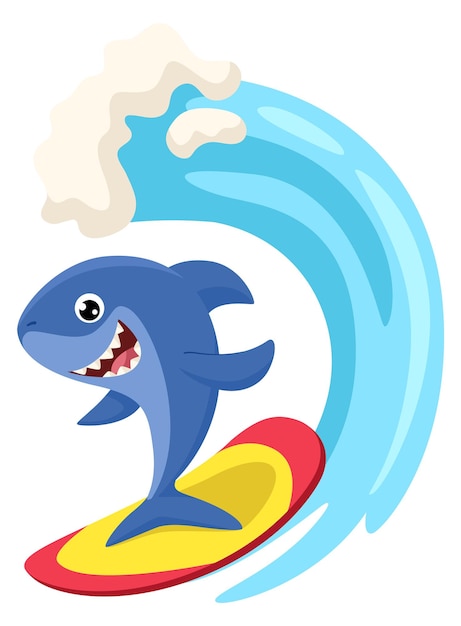 Hai-surfer fröhliches tier der karikatur auf ozeanwelle