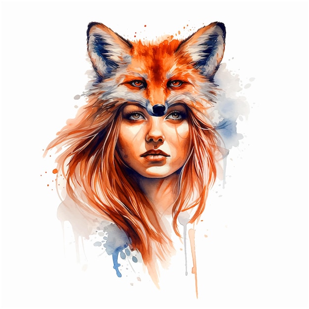 Halb mädchen, halb fuchs aquarellfarbe