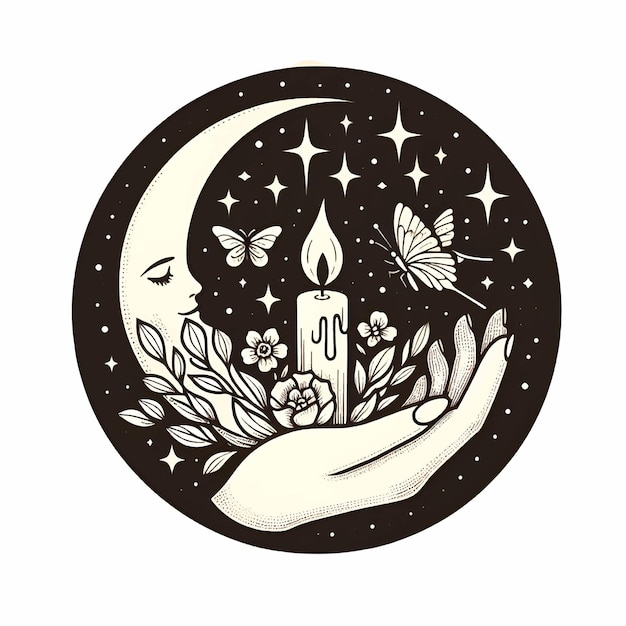 Vektor halbmond blüht mit blumen und schmetterlingen illustration symbol der natur monchrom-logo