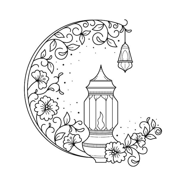 Halbmond-blumenornament mit laternen-doodle-hand gezeichnet ideal für ramadan-kareem-grußkarte