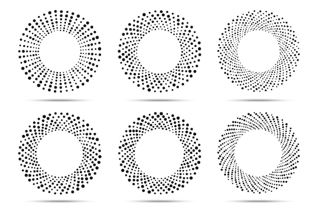 Halbton kreisförmig gepunktete rahmen gesetzt. kreispunkte. logo-gestaltungselement. runder rand mit halbtonkreis-punkt-textur.