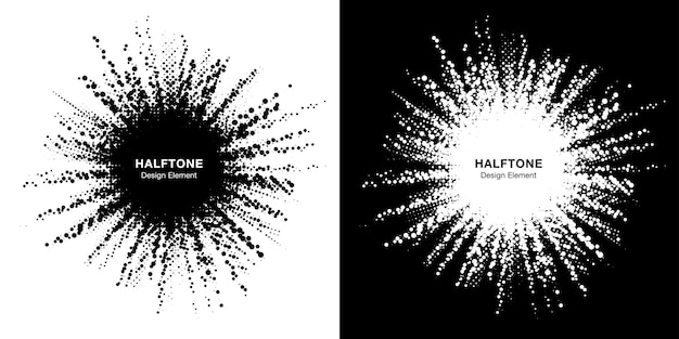 Vektor halbtonsternrahmensatz. grunge-spot-rand mit raster-textur für halbton-kreispunkte. auslegerform. explosionsvorlage.