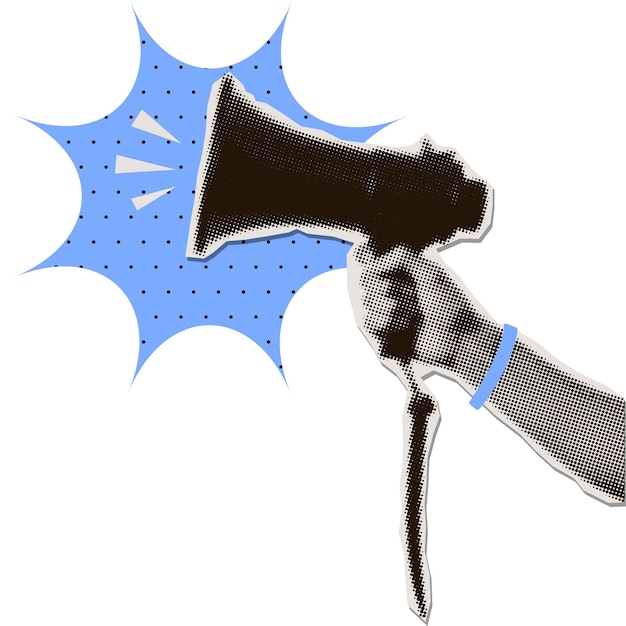 Halftone-Collage-Clipart-Hand, die Lautsprecher hält, Breaking-News-Konzept oder Verkaufsanzeige mit