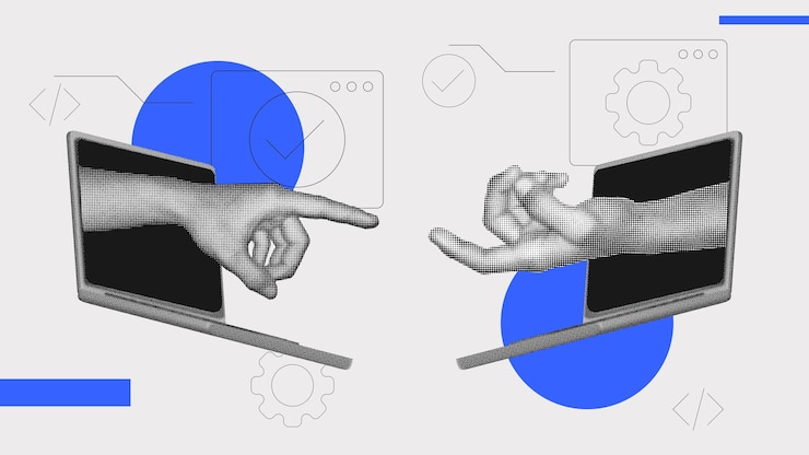 Vektor halftone-collage futuristisches digitales kollaborationskonzept mit händen, die aus laptops hervorgehen