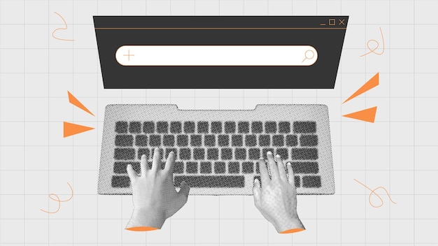 Halftone-Collage menschliche Hände, die auf einer Tastatur tippen, AI-Assistenz, die humanAI-Zusammenarbeit anregt