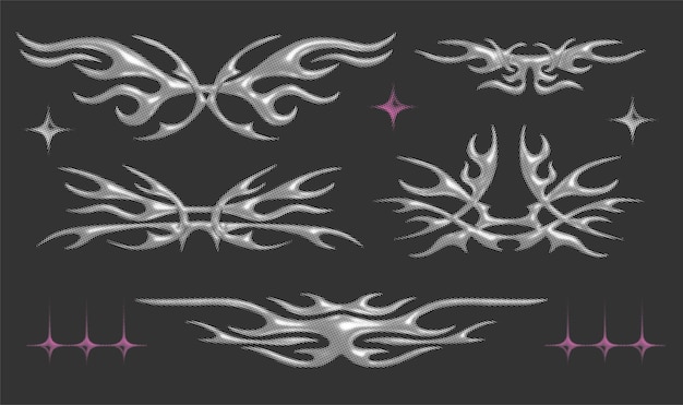 Halftone neotribale Formen abstrakte ethnische Formen im gotischen Stil handgezeichnet modernes 3D-Chrom